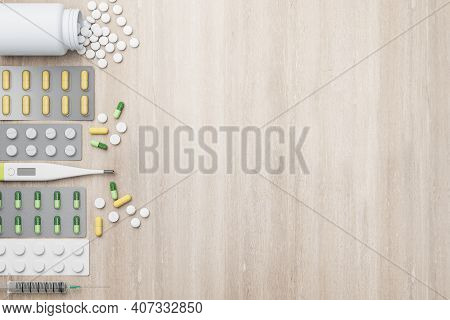 Blank Wooden Mockup Background With Variety Of Pharmaceutical Medicine Pills, Tablets, Capsules And 