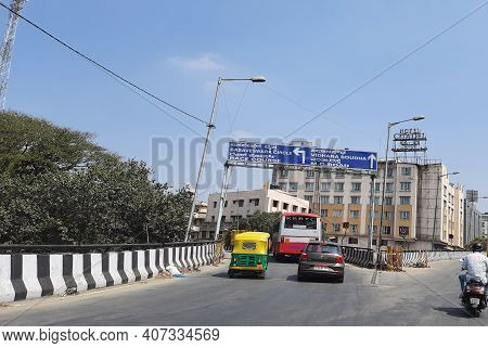Closeup Of Heavy Traffic In A Sangolli Rayanna Statue Circle And Beautiful View Of Flyover Or Bridge