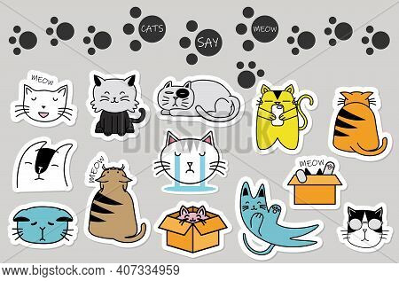 Cats Cute Sticker Collection. Set Of Cats Badges, Patches, Stickers. Beverages And Cats Stickers Set