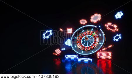 Casino Neon Background With Roulette And Poker Chips Falling 3D Rendering