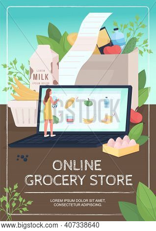 Online Grocery Store Poster Flat Vector Template. Buying Food Remotely During Quarantine Time. Broch