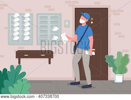 Mail Delivery Flat Color Vector Illustration. Safety Logistic During Worldwide Pandemic. Person Tran