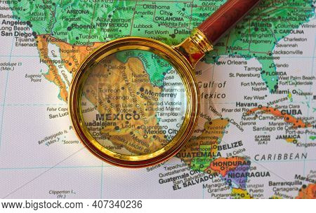 Lviv Ukraine-09 02 2021 : Mexico  And Other Countries  On A Map Of  South America  In A Defocused Ma