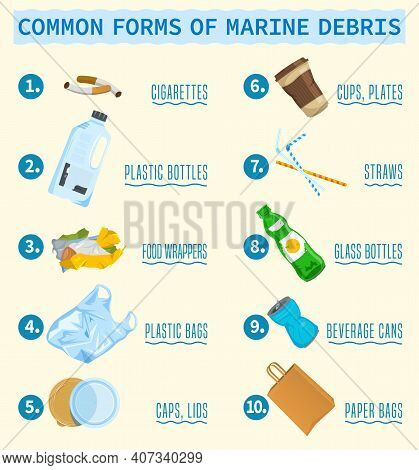 Top Debris Items Found In The Ocean Infographics. Different Waste Polluting The Sea And Beach. Verti