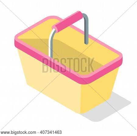 Empty Yellow Shopping Basket With Pink Handle From Supermarket Vector Illustration Isolated On White