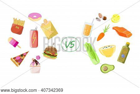 Healthy Vs Unhealthy Food. Concept Of Choice Between Good And Bad Nutrition. Fastfood, Sweet And Fat