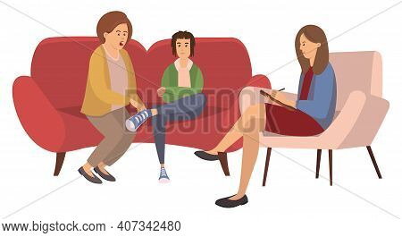 Conversation Between Mother, Teenager And Female Psychologist Or Psychotherapist Makes Notes In A No