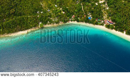 Beautiful Beach Canibad, Palm Trees By Turquoise Water View From Above. Philippines, Samal Island.