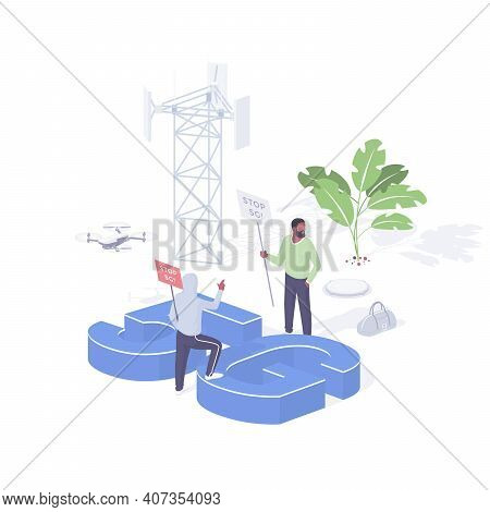 Public Protest Against Network 5g Isometric Concept. People With Placards Resent Deployment.