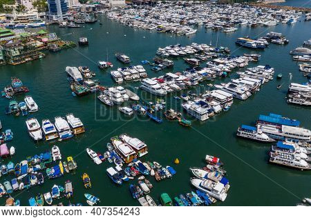 Aberdeen, Hong Kong 24 August 2020: Drone fly over Hong Kong typhoon shelter in aberdeen