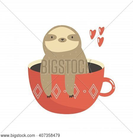 Funny Sloth Sitting Inside Of Red Mug. Vector Illustration Of A Cute Animal.