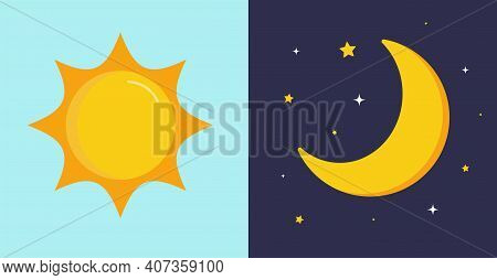 Day And Night. Sun On Blue Background. Moon And Stars In Midnight. Vector Illustration