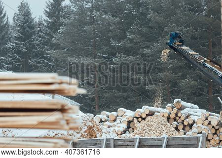 Warehouse Of Wooden Boards, Background Texture Of Wood Harvested For Shipment To The Factory, Finish