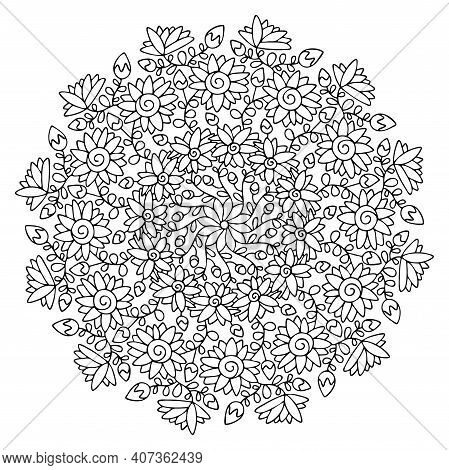 Hand Drawn Spring Ornamental Flowers Mandala Stock Vector Illustration. Decorative Natural Coloring 