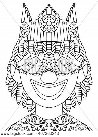 Smiling Joker With Venetian Mask And Crown Coloring Page For Kids And Adults Vector. Jester Portrait