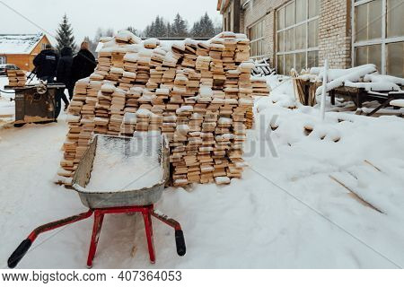 Warehouse Of Wooden Boards, Background Texture Of Wood Harvested For Shipment To The Factory, Finish