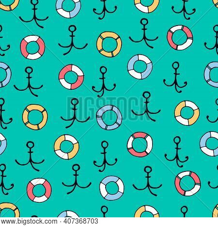 Seamless Pattern With Hand Drawn Anchors, Lifesavers On Turquoise Background For Surface Design And 