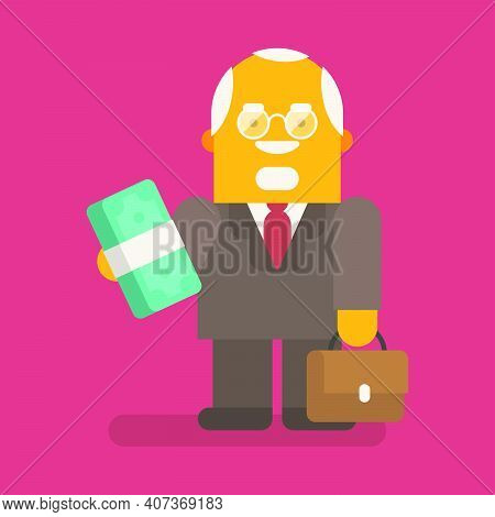 Old Businessman Holding Wad Of Money And Suitcase. Vector Character. Vector Illustration