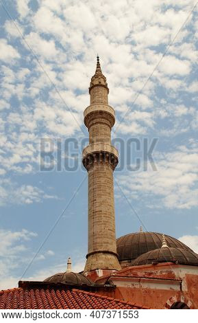 The minaret of the Murad Reis mosque in the Old Town of the Greek island of Rhodes.