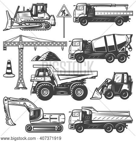 Vintage Construction Machines Set With Bulldozers Excavator Crane Building Concrete Mixer And Dump T