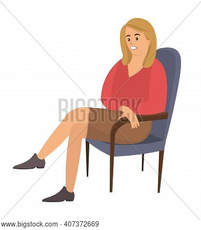 Sitting Female Person Flat Vector Illustration. Adult Woman In Armchair Isolated On White Background