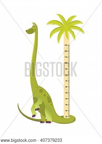Wall Meter With Tall Dinosaur. Sticker For Measuring Height Kids. Funny Vector Cartoon Illustration 