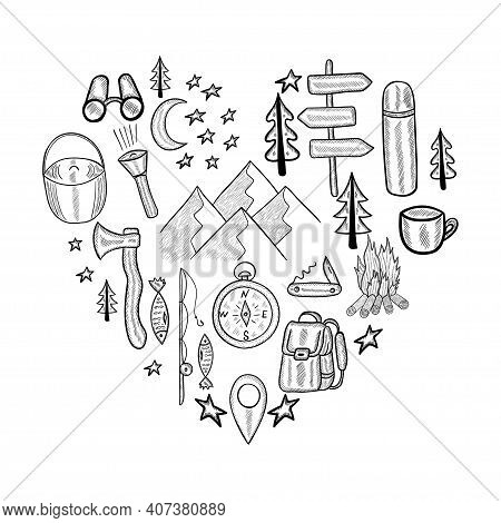 Heart Made From Camping Equipment. Set Of Doodle Forest Camping Design Elements. Hand Drawn Vector I