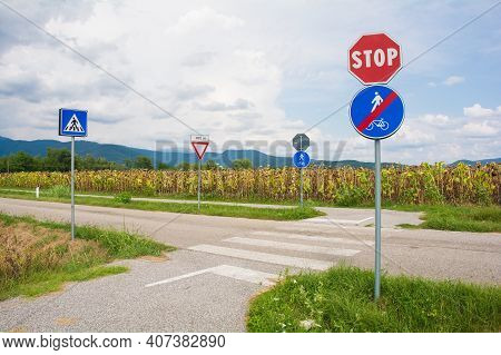 A Pedestrian Crossing Where A Road Side Cycle Lane Crosses A Country Road In Friuli-venezia Giulia, 