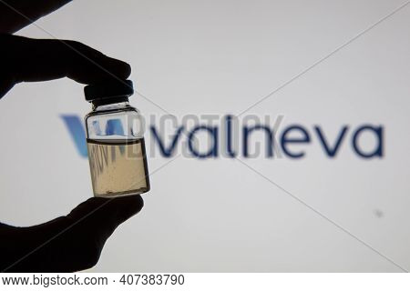 Oxford, Uk - February 2020: Valneva Biotech Logo With A Covid Vaccine Vial