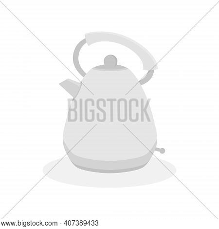 The Electric Kettle Is A Rounded Shape Of Gray Color With A Simple Handle And A Switch. Flat Vector 
