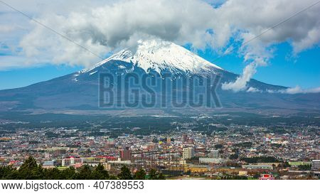 Gotemba City, Japan skyline with Mt. Fuji.