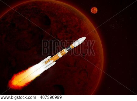 Orange And White Multistage Space Rocket Model Flies To Exploration Over The Red Planet At High Spee