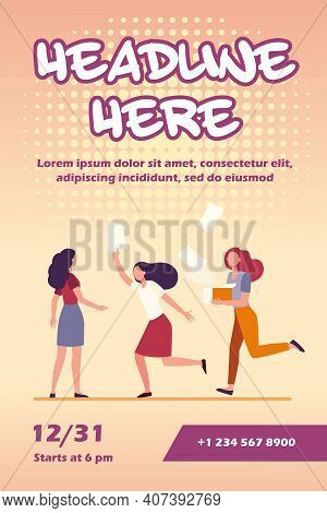 Distributors Running With Flyers. People Giving Papers, Spreading Leaflets Flat Vector Illustration.