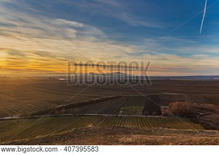 Beautiful Landscape Below The Palava Region In The Czech Republic In Europe. Photographed From Hradi