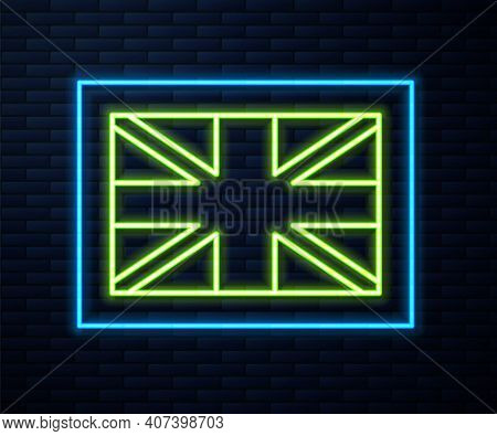 Glowing Neon Line Flag Of Great Britain Icon Isolated On Brick Wall Background. Uk Flag Sign. Offici
