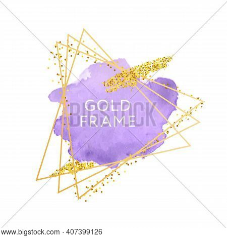 Violet Pupur Pink Brush Strokes And Gold Frame. Abstract Vector Watercolor Background.