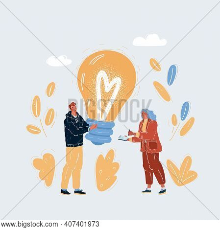 Vector Illustration Of Group Of People Working Around Lightbulb - Solving Problems, Make Startup. Cr