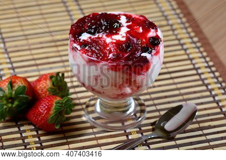 Açai With Yogurt Bowl And Fresh Red Berries Cream Dessert, Frozen Açai
