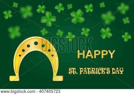 Golden Horseshoe And Clover On Green Background. Happy St. Patrick's Day Banner With Golden Horsesho
