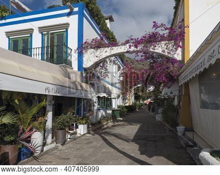 Puerto De Mogan, Gran Canaria, Canary Islands, Spain December 18, 2020: Traditional Colorful Houses 