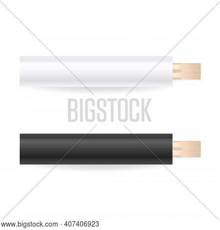 Two Vector 3d Realistic Packaging Of Wooden Chopsticks. White And Black Blank Package Set Closeup Is
