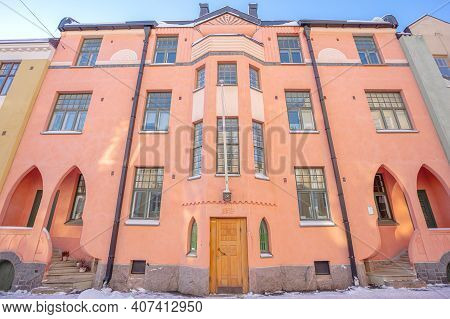 Helsinki, Finland January 4, 2021 Ulyanin, Streets, Historic Buildings Covered With Snow In Sunny, W
