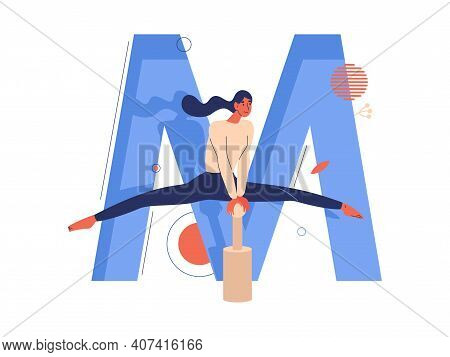 Young Woman Training On A Wooden Pole While Mallakhamb Yoga Exercise. Large Letter M On Background. 