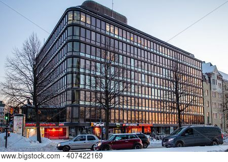 Helsinki, Finland January 4, 2021 Hakaniemi District Modern Office View At Sunset. Winter Evening. H