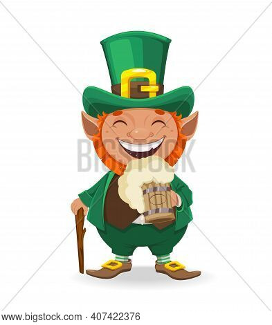 Stock Vector Leprechaun. Happy St Patrick's Day. Cheerful Leprechaun Cartoon Character Holding A Mug