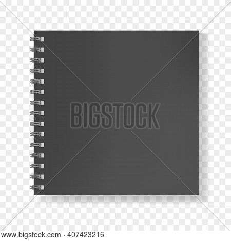 Black Square Realistic Mockup Of Notebook On Spiral Binder, Copybook Blank Cover. Clear Elegant Dark