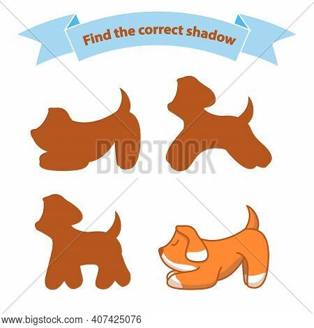 Find The Correct Shadow Dog.educational Game For Children Cute Puppy.