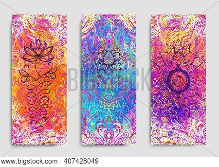 Yoga Card, Flyer, Poster, Mat Design. Colorful Design Template For Spiritual Retreat Or Yoga Studio.