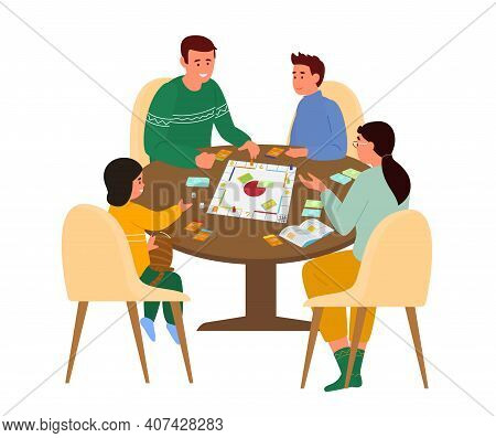 Family Playing Board Game At Table At Home. Vector Illustration. Isolated On White.