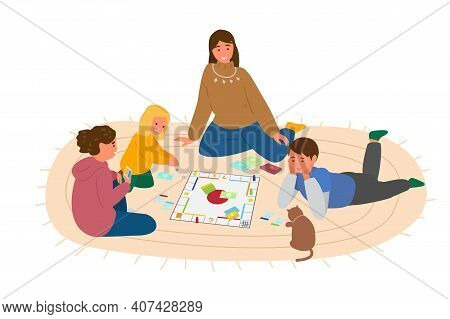 Mother Or Teacher Playing Boardgame With Children On The Floor. Vector Illustration. Isolated On Whi